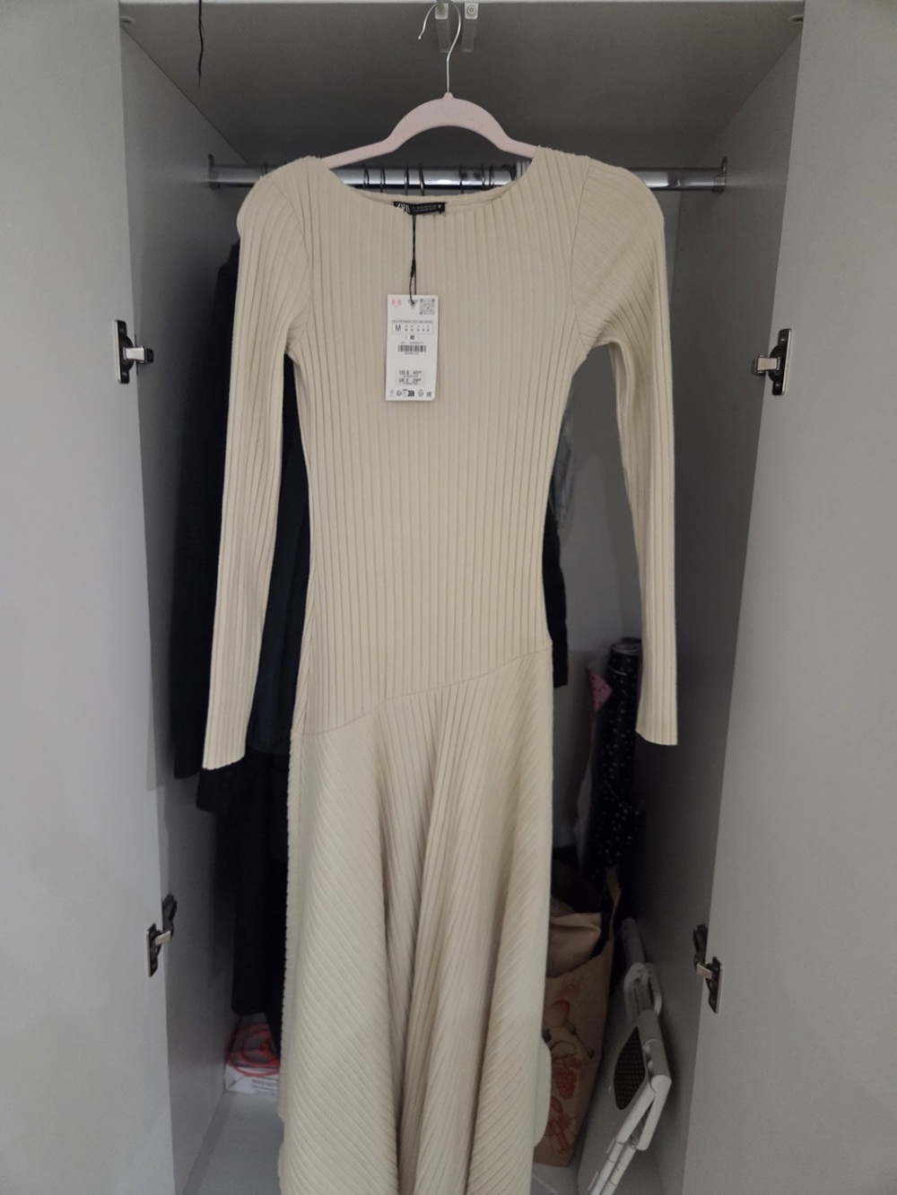 Zara Cream Ribbed Long Sleeve Flared Midi Dress